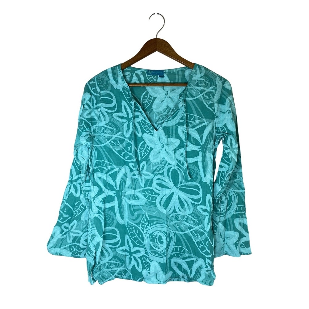 Fresh Produce Womens Teal Tropical Floral Cotton Tunic Top Bell Sleeve XS/SM
